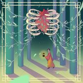 An illustration of Son Jensen, a Korean individual with short black hair holding a lantern and walking underneath a large heart suspended between pillars within a ribcage that is covered in vines. Jensen is wearing a simple orange and salmon-pink hanbok. Two light yellow lines border the image, and the vines that attach to the ribcage overlay the border, giving the image depth.