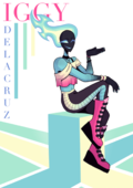 A digital drawing of Iggy Delacruz, a fire elemental with blue skin and whose head is on fire with matching blue flames. They are wearing an off-the-shoulder pink ombre top, tight black pants with a stripe down the side, and tall pink boots with a black heel. They're sitting, resting one hand on their knee, and holding the other palm-up and winking at the viewer.
