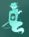 A digital drawing of O'Lantern as a ghostly spirit with a hollow chest containing a burning lantern. They are light blue, with long hair in a pony tail that trails off into flame or mist. In place of legs they have a tail of mist. Their eyes are glowing white and they hold a bat in one hand. The background is a dark jade green.