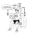 A black and white digital drawing of Stijn Strongbody, a four-armed muscular Japanese man. He is wearing a cropped t-shirt titled "swole mate" as he sits on a piece of complex exercise equipment that allows him to exercise all four arms at once. He looks like he's concentrating, and a thought bubble comes off him with the text "I'm gonna get so good at huggin'."