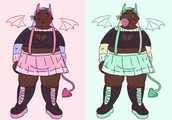 Two near identical fullbody drawings of Winnie McCall from Blaseball. Winnie is a fat black woman with demon horns and tail and is dressed in pastel goth fashion. In the first drawing she is wearing pink and purples and in the second she is wearing yellows and mints and blowing a bubblegum bubble.