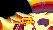 Digital drawing in a limited palette made up of the Desert team's colors commemorating them, depicting the Magic School Bus, Taco Truck, and a Firetruck as part of a circle around a campfire in the bottom right as the black hole approaches.