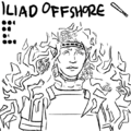 An uncolored bust drawing of Iliad Offshore, a muscular alien that mostly appears human. pel has long semi-fiery hair filled with eyes, and wears a headband and old leather armor.