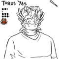 An uncolored line drawing of Torus Yes with his team, stats, and position displayed above. He is a heavily carcinized man with curly hair covering where his eyes should be, though four eye stalks protrude from the mass of hair. He smiles good-naturedly.