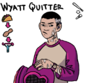 Digital drawing of Quitter, a Chinese-American person with a shaved head of hair greying at the temples, a hearing aid in one ear, peanut scarring, a purple raglan shirt, and an analog watch. They are holding a purple diving helmet as they look at the viewer with a pursed mouth and furrowed brow.
