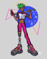 A digital fullbody drawing of Cudi, who is a Japanese-Brazilian person with one knee-down prosthetic leg. He is wearing a cropped lift jersey, bright pink pants, and one pink fingerless glove. He is standing in a cocky stance and smiling as he holds his bat over his shoulder and gives the peace sign.