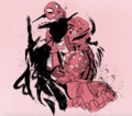 A drawing in pink and black, featuring Malachi, a shadowy cryptid with indistinct floating limbs, with Florian, a woman wearing jester clothes. They hold each other closely with foreheads touching, and Florian pulls Malachi's skull mask away from her face.