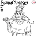 An uncolored bust drawing of Florian Yuneisky, a white person in her 20s who’s been carcinized like a pompom crab, with striped crab claws coming out of her head like pigtails. she is a jester. she smiles as she holds a bat over her shoulder, which she shouldn’t have since she’s a pitcher.