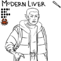 An uncolored bust drawing of Modern Liver, a slightly carcinized Greek person with buzzed hair and an angry expression. Ve has a backpack and wears a turtleneck under a puffy jacket with the hood down, and scowls at the viewer as ve sticks one birdlike hand in ver pocket.