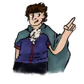 A digital drawing of Lang Richardson. Lang is a white man with brown hair and silly vampire fangs. He is wearing a cape and cravat over his uniform.