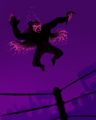 An early concept art of Rocha as a wrestler, showing her pink cube trails and Rorschach ink blot motif on her mask. Rocha is depicted as a menacing silhouette with long flowing hair or tendrils that trail off in pink cube particles. Her mask glows pink in the shape of a Rorschach ink blot and also trails off in pink cube particles. She is performing a springboard off the ropes. Fainter silhouettes of a crowd behind her, cheering.