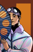 image description: A digital drawing of Zi Sliders. She is wearing a holographic aviator jacket with a black high collared shirt underneath. Zi also has aviators goggles in a similar color as the jacket around her forehead. A large dangling earring of a rabbit with a pestle. Zi is holding a large dark blue fan with suns painted around the edges, obscuring half of her face as she grins. /end image description