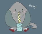 A drawing of Bibby Trunbo, a baby manta ray, sipping on a drink labeled "Spwite." Text reads "Sibby"