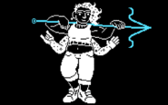 A black and white pixel sprite of Goodwin Morin. She is a tall woman wearing casual sportswear. Her hair and extra arms are made of stars. She is holding a blue arrow spear over her shoulder.