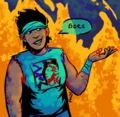 A full-color digital drawing of Gerund Pantheocide, a very buff short person with light brown skin, a broad nose, short fluffy black hair, a scar on one cheek, and a low bandanna covering her eyebrows. She is wearing a high-necked Garages "Deicide" t-shirt with the sleeves ripped off, and is standing in front of a firey background as she grins, gestures with one hand out to the side, and simply states, "Bees."
