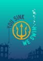A digital drawing of a golden trident emblem, underwater, encircled with the words \"You Sink, We Swim\". The words \"You Sink\" are weighed down on one end by an anchor while the words \"We Swim\" have air bubbles extending upwards as they wrap around the other.