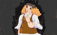 A drawing of Mindy Kugel from blaseball. She is a chubby older woman wearing a flowing dress and dress overalls. Her hair is curly and partially died orange and she is wearing a bracelet with the star of david on it.