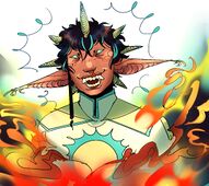 An image of Randall Marijuana smiling while surrounded by flames. He has 7 horns that are arranged like the points of a star on his head. His eyes are a solid teal color, and he's wearing a shirt displaying a sun with rays in a matching teal. He has long ears that have wisp-like curls at the end. He has fangs and a scar from the left side of his lip up to his nose.
