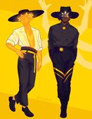 A digital illustration of Sunbeams players Miguel James and Lars Taylor. Miguel is a person entirely on fire, wearing an open white shirt with the sleeves rolled up, black high-waisted pants, and a gold belt. Lars is a person with dark brown skin and dark blueish-purple hair, wearing a long sleeve button up black shirt, black pants with gold accents, and a belt with a sun belt buckle.