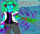 A digital drawing of Raúl Leal, a digital soundwave person with textured green hair that looks like clouds and bright blue skin. He is wearing a Miami Dale uniform. His eyes are not visible behind his bangs and he is brandishing a green bat at the camera. The bat is stylized to look like soundwave bars. He has purple electric lines coming off his hands. Text reads “my dubstep mix has a dislike on it and I want to know who did it.”
