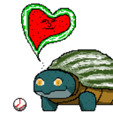Pixel art of Jazz Hands player Zippy DeShields, a turtle with a watermelon-patterned shell standing next to a blaseball. There's a heart above their head that is colored to look like a watermelon with the face of their idol, Collins Melon, on it.
