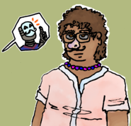 A digital drawing of Arturo Huerta, a Latino man with a curly brown mullet, brown skin, and staticky eyes, wearing a pair of silly disguise glasses with a mustache. He looks unamused. Oliver Notarobot, a humanoid robot with a mustache, is giving him a thumbs up.