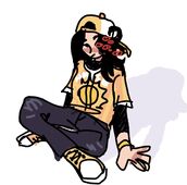 A digital drawing of Sunbeams player Nagomi Nava. Nagomi is a Japanese woman with black hair and a cluster of red eyes and shadow over her left eye. She's sitting cross-legged and wearing a Sunbeams jersey over a long-sleeved black undershirt, a backwards Beams cap, black jeans, and yellow sneakers.
