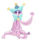 A digital drawing of Phineas Wormthrice. Ey're a little creature made of pink, worm-colored string with button eyes wearing a light blue jester cap and bow with little bells. One of eir arms is raised in a wave.