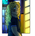 A digital drawing of Jessica, a white woman with blonde hair and pale skin, standing by a window and looking out onto a glowing city skyline. Her jersey is dark blue and she has buttons on her face.