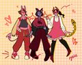 A digital drawing of Mira Lemma, Lottie Ceilingfan, and Harriet Gildehaus. Mira is a foundry demon with pink skin, two horns, a pointed tail, and eyes with orange sclera. She is dressed in a grey crop-top, red sweatpants, red and white sneakers, and a varsity jacket draped over her shoulders. Lottie is an imp, with grey skin, and bat-like ears, wearing a dark red shirt and darker red pants separated by a spiked belt, black chunky boots, and a black jacket that's slipping off her arms. Harriet is also a demon with pink skin, four horns, and a golden mechanical tail. She is wearing a pink dress with a frilled hem over a white button up shirt with puffy sleeves, black knee-high socks held up by garters, and short brown boots. Hearts and other accents are doodled around the trio.