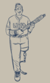 a fullbody digital line drawing of cudi di batterino wearing his lift uniform and holding a bat made from a cactus in both his hands. his hair is up in a bun, and he has an above-knee sports prosthetic leg.
