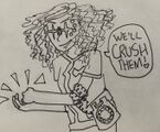 A sketch of Jessica Telephone, a woman with curly hair and light skin. She has stylized laser eyes and buttons along the side of her face. She is smacking her palm menacingly and wearing a Pods uniform. A speech bubble reads "We'll crush them!" with a heart exclamation point.