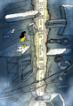 A digital drawing of a view of a chasm in the earth. You can see various parts of buildings and musical instruments and a ski lift along the walls. It is snowing. Through the crack in the center there is a glowing infinitely tall tower. A yellow and blue supervillain character, Eve Mcblase, with black hair and a mask, stands on a platform looking at the Tower.