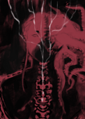 Digital painting of Nagomi Nava as the Shivers skill in Disco Elysium. Nagomi is facing forward, and most of her face obscured except for her eye and the tentacles that burst from the left side of her face. Her body is featureless besides an abstract spine. Streaks of white radiate off her spine like lightning. She is painted in red against a black background.