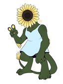 A digital drawing of Zack Sanders in sunbeast form, a green plant monster with a long tail ending in yellow petals and a sunflower for a face. She is wearing a light blue dress and raising her right hand up in a peace sign.