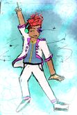 Riley, a brown-skinned person with red fire hair, does a disco pose in the snow. He is wearing a white suit with pink accents over his blue and yellow Breckenridge uniform.