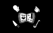 A black and white pixel sprite of Moody Cookbook. They are a floating cookbook with multiple eyes on one page and a recipe for soup (evil) on the other. Around them are floating cooking tools.