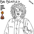 An uncolored line drawing of Bri Bentley with team, stats, and position displayed above. Bri is a young skinny black person with 3c in an afro and large amount of piercings. Bri wears a jacket over a buttonup, and smiles and looks to the side while holding the strap of a messenger bag.