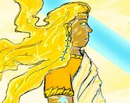 A digital drawing in profile of Goodwin Morin, a tall Indian woman with brown skin who is drawn mostly in iridescent gold tones. She is wearing a toga over a gold jersey and her hair is a flowing golden galaxy behind her stretching out into appendages. She has an earring that is 5 stars attached to one another and there is a blue arrow on her arm. A blue beam crosses in the background behind her, as if going through her head.