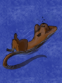 McKinley Otten, a large anthropomorphic otter, asleep and floating on the surface of the water. Rat Batson, a small bat-like creature, is nestled in her f