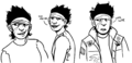 Three digital ink drawings of Gerund Pantheocide, a person with short fluffy hair and a headband that covers their eyebrows. They have a short broad nose with a nose ring, a scar across one cheek, and a wide expressive mouth that tends to twist into a big lopsided grin. In two of the drawings they are smiling and are wearing a shirt with the sleeves torn off, and in the other they are wearing a jean jacket with a bee and trans patch, a nonbinary pin, and a pin that reads deicide misspelled as "die-icide." In the middle drawing they are looking over one shoulder as they say "sup nerds," and in the rightmost drawing they look vaguely perplexed as they say "uhh wtf."