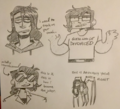 Assorted pencil drawings of Quill Harrow. In the first, they say "I need to crash on your couch" with a tired expression. In the second, he shrugs as he displays a shirt reading, "guess who just got DIVORCED." In the third, they say, "this is it. this is how I become the joker," and an arrow points to their head reading, "mildly inconvenienced. In the fourth, he lazily hangs by his mechanical octo-legs, and a caption reads, "this is basically yoga right?"
