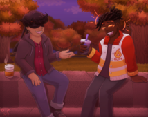A digital drawing of Justice Spoon and Tyreek Olive. The two are sitting on a concrete ledge and appear to be mid-conversation. Justice has light brown skin, short black hair, and is dressed casually with a jacket over red shirt and jeans. Their eyes are covered by a blindfold, and they have one hand slightly raised as they talk to Tyreek, who is seated to their left. Tyreek has dark brown skin and short braids tied into a bun. They have a cup with a purple straw in their right hand, are wearing their iconic jacket, and their eyes are closed as they laugh. Behind them are trees with autumn-colored leaves.