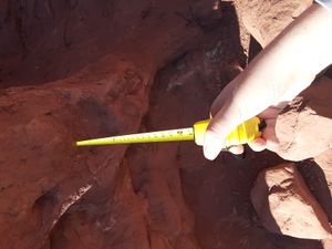 A photo of someone standing close to a sandstone arch, holding a tape measure displaying four feet one inches to verify their distance to the arch.