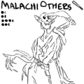 An uncolored bust drawing of Malachi Others, a humanoid cryptid with many limbs made of bones and shadows. the upper part of a skull that doesn’t resemble any species rests on her head, and she wears a pair of pants with a belt but no shirt. a crab claw comes out of her back, which she uses to shade her eyes as she looks to one side. she is robby’s younger cousin on the cryptid side of the family.
