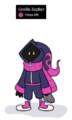A digital drawing of Zephyr on a blank white background. Grolis is a short figure with a big dark purple and pink zip up hoodie. The hood is pointy and long like a windsock and has a pink flame on the end. Their face is completely shadowed by the hood so only a pair of glowing yellow eyes are visible.