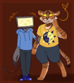 A drawing of Emmett Internet and Ren Morin. Emmett is a robot with a yellow monitor for a face, clunky metal hands, and a wall plug as a tail. He is wearing a blue sweatshirt and sneakers and is smiling. Ren is a humanoid tiger with glowing yellow eyes. Ren is wearing a Hellmouth Sunbeams shirt. Emmett has an arm around Ren's arm while Ren has a paw on his face, looking off to the side and smiling nervously. There is a little orange heart coming from Ren while Emmett is glowing. The background is red.