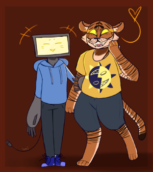 A drawing of Emmett Internet and Ren Morin. Emmett is a robot with a yellow monitor for a face, clunky metal hands, and a wall plug as a tail. He is wearing a blue sweatshirt and sneakers and is smiling. Ren is a humanoid tiger with glowing yellow eyes. Ren is wearing a Hellmouth Sunbeams shirt. Emmett has an arm around Ren's arm while Ren has a paw on his face, looking off to the side and smiling nervously. There is a little orange heart coming from Ren while Emmett is glowing. The background is red.