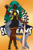 A digital drawing of Siobhan Chark, a darkskinned shark-selkie woman with long teal braids shark fins, and a shark tail. She's wearing a wetsuit with a stylized sun and the word \"Sunbeams\" encircling it. She's waving with one hand and her other rests on a blaseball bat.