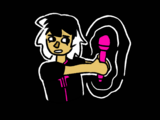 A digital drawing on a black background of Quitter, a Chinese American person wearing a Lift uniform. They are looking worried as they hold out a pink reverberating microphone at arm's length.